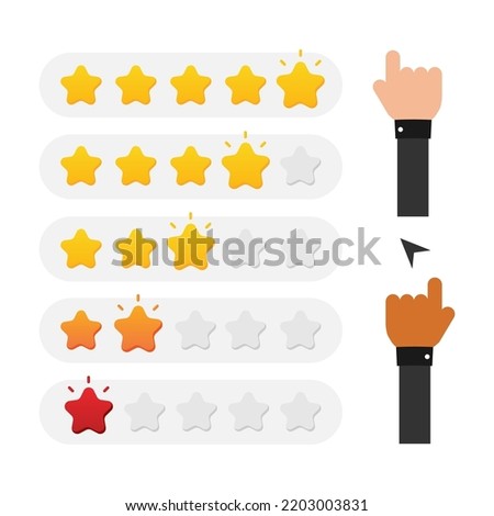 Set, collection of design elements for five star rating design. 5 stars to 1 star rating labels, icons, banners and person hand with pointing finger.
