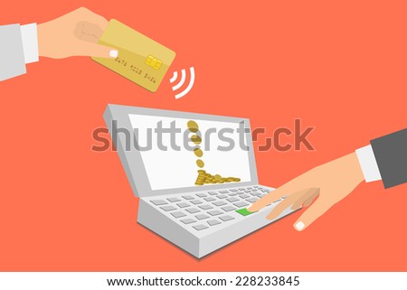 Flat design style illustration. Notebook with processing of mobile payments from credit card. Communication technology concept. Isolated on red background