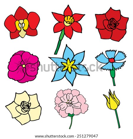 Set of beautiful flowers, illustration, drawn doodle
