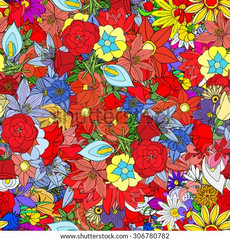 Beautiful summer ornate from many flowers, seamless pattern. drawn doodle