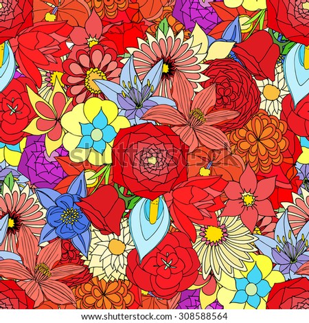 Beautiful summer ornate from many flowers, seamless pattern. illustration, drawn doodle
