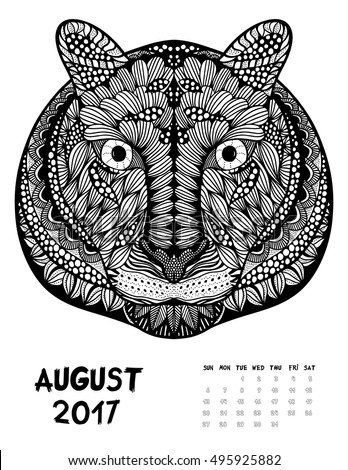 April 2017 calendar Zendoodle style, start on sunday, Funny tiger. Patterned zentangle, black and white. For Print anti-stress coloring books for different ages peoples. set #1