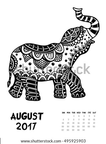 April 2017 calendar Zendoodle style, start on sunday, Funny Elephant. Patterned zentangle, black and white. For Print anti-stress coloring books for different ages peoples. set #2