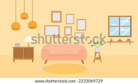 living room with furniture in flat vector style. sofa, plants, window, wardrobe, chandeliers, pictures, rug and chair. yellow, red, green, blue and gray colors.