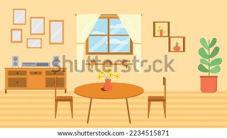 
living room with furniture in flat vector style. plants, window, wardrobe, pictures, chair, sound, table and vase. 