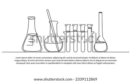 One continuous line of a collection of glass tubes of chemical lab equipment. Decorative elements are drawn on a white background.