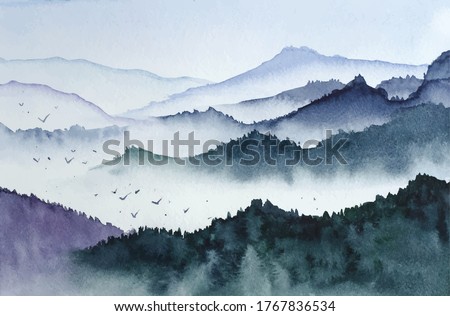 Landscape with mountains, birds and fog in monochrom painted in watercolor in vector