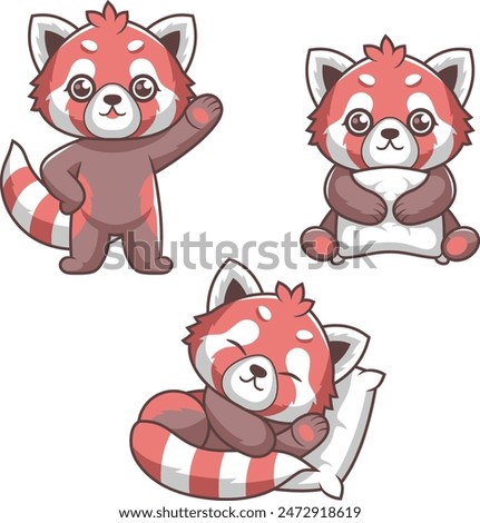 A cute red panda standing, a red panda sleeping, and a red panda holding a pillow