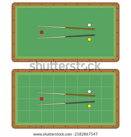 Billiard table, pool stick and billiard balls for game. Pool table with triangle, balls and cua top view
