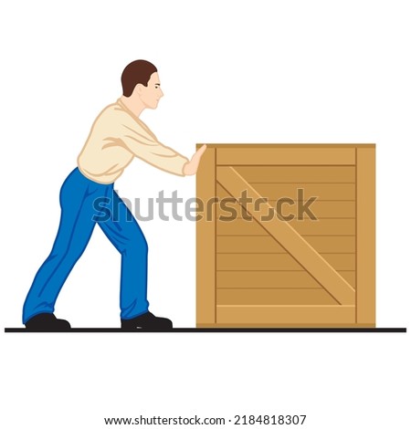 man pushing a heavy wooden container. vector illustration