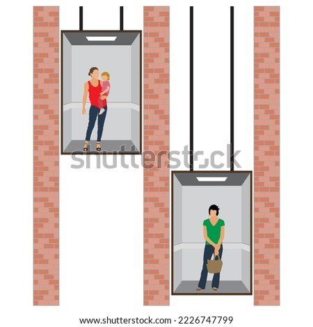People in the elevator. Woman with child. Comfortable buildings. Businessmen and entrepreneurs, employees and colleagues. Vector illustration.