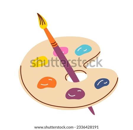 Painting symbol palette and brush in cartoon style. Art supplies brush, watercolor, palette.