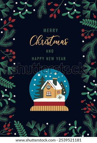 Elegant flat style Christmas card featuring a snow globe with a cozy house and pine trees. Dark background and greenery frame add a warm holiday touch. Perfect for Christmas and New Year greetings.