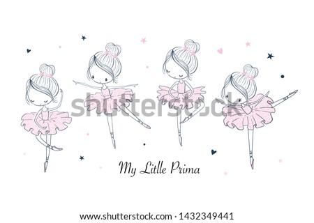 Cartoon dancing ballerina in a shiny skirt illustrations doodle set. Sketch line isolated design elements. Vector clipart. Use for print, surface design, fashion wear, baby shower Stockfoto © 