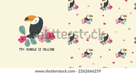 Hand drawn funny toucan bird. Toucan bird on blooming branch. Cartoon seamless pattern with single print for t-shirt. Perfect for shirt, wallpaper, poster, print. Isolated vector illustration