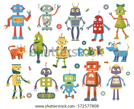 Set of vector robots in cartoon style. Isolated vector robots in a white background
