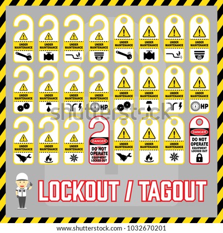 Set of safety caution labels and tags for world industrial lockout-tagout maintenance safety procedure.