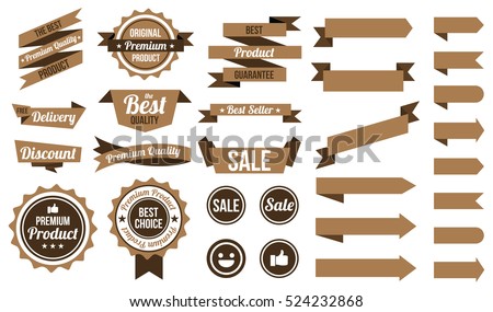 set of brown ribbons , badges and labels. flat design concept. branding and sale decoration. vector illustration. isolated on white background.