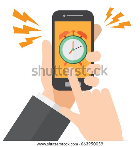 Hand holds a smartphone: alarm alert is going off for a business appointment. 