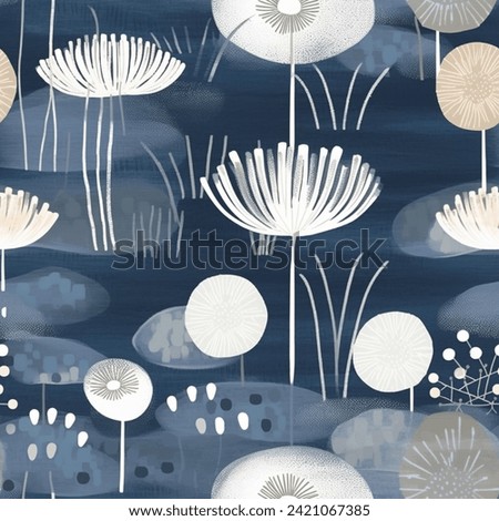 French Grey Poppy Lily Flower Abstract Watercolor Line Art Scandinavian Blue and White Design Seamless Pattern Wallpaper Fabric Curtain Bedding Background