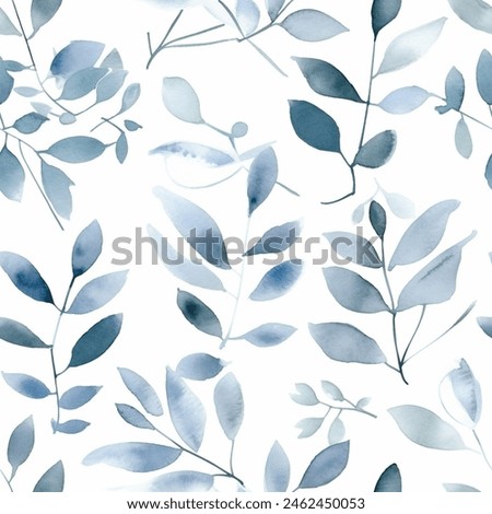 Aqua French Blue Grey Turquoise Teal Sky Abstract Wild Flower Elegant Eucalyptus Leaf Watercolor Scandinavian Design Seamless Pattern Wallpaper Curtain Bedding Upholstery White Background Vector