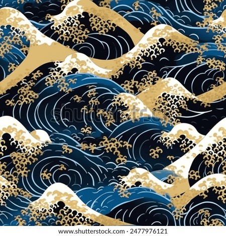 
Classic Japanese Great Wave off Kanagawa Seamless Pattern Wallpaper Curtain Bedding Background Vector