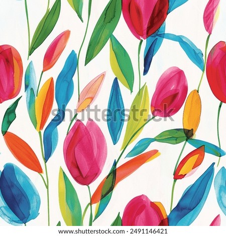 Artistic Aqua Terra Brown French Grey White Abstract Tulip Flower Elegant Leaf Watercolor Scandinavian Design Seamless Pattern Wallpaper Curtain Bedding Upholstery Pastel Background Vector