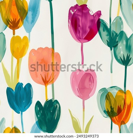 Artistic Aqua Terra Brown French Grey White Rainbow Abstract Tulip Flower Elegant Leaf Watercolor Scandinavian Design Seamless Pattern Wallpaper Curtain Bedding Upholstery Pastel Background Vector