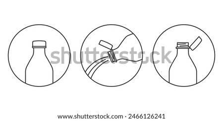 New tethered caps in EU. Bottle cap icon. Editable stroke. Vector illustration. New cap attached to plastic bottle, connected to the neck of the bottle by solid tab attached to safety ring. 