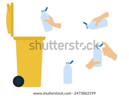 New tethered caps in EU. Hand holding bottle with cap tethered. Throwing empty plastic bottle with tethered cap into special recycling garbage bin Vector illustration. 