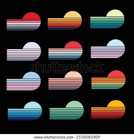 Retro sunset vintage half-circle stripes collection. Twelve Retro sunset designs on black background. These Vintage style horizontal stripes retro sunsets are for print on demand, t-shirt design, book