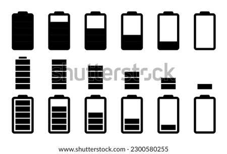 Device charging icons set. Small, medium and large charge levels. Icon for phone, laptop, app and presentation