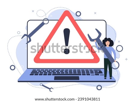 Illustration of a broken laptop. Error warning sign on the screen. Vector image of a broken or repaired computer.