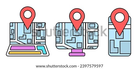 Location of the marker on map on laptop, desktop, phone. Geolocation icons set.