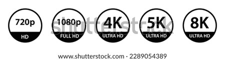 Video Resolution Icon. Screen resolution icon. 720, 1080, 4k, 5k, 8k, Hd, full hd, ultra hd icon, vector illustration