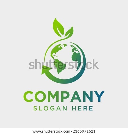 Environment concept for recycling.Recycle arrows symbol with Earth globe inside linear style with leaf outside.Leaf world vector logo template. Suitable for business, web, nature. Recycling world logo