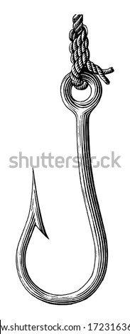 Fishing hook hand drawing vintage style black and white clip art isolated on white background