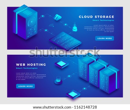 Cloud storage and web hosting concept. Landing page banner template. 3d isometric vector illustration.