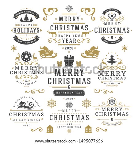Christmas and happy new year wishes labels and badges set vector illustration. Vintage typographic decoration objects, symbols and ornate elements vector illustration