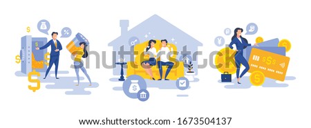 Modern people using banking services set of vector illustrations of flat characters saving money in safe and on plastic cards in bank and taking out mortgage