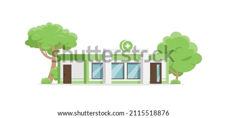 Local pharmacy green facade decorative design isometric vector illustration. Commercial medical house drugstore pharmaceutical retail service isolated. Health business industry building exterior