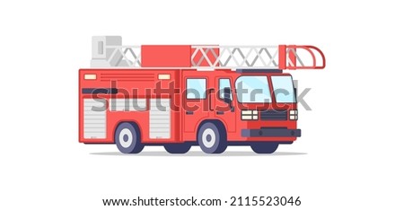 Fire truck rescue engine transportation for firefighter emergency isometric vector illustration. Safety transport with ladder and siren burning flame dangerous isolated. Fireman classic red vehicle