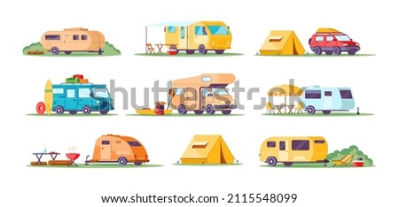Collection different camping caravan transportation vector flat illustration. Travel car with tent for outdoor summer active leisure isolated. RV camper, motorhome, van, camp trailer, automobile