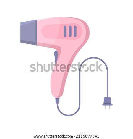 Small pink electric hair dryer with cord and plug vector flat illustration. Modern appliance for hairs care at home or beauty salon. Electronic device with blowing warm air for hairdressing hairstyle