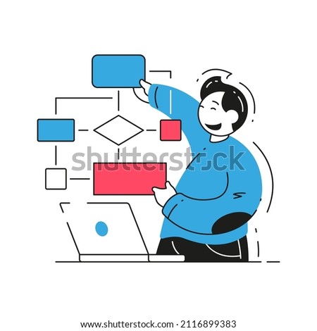 Male programmer analyzing scheme block program soft website development vector flat illustration. API or application programming interface for software connection isolated. Web diagram structure