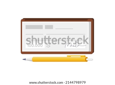 Checkbook bank cheque page with fields for filling signature with pen icon isometric vector illustration. Banking check blank financial payment guarantee isolated. Paycheck, payout, donate, deposit