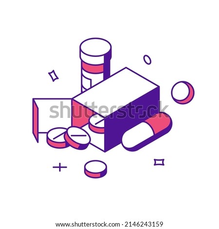 Medical pills and capsules in cardboard pack and bottle 3d icon isometric vector illustration. Healthcare pharmacy drugs medication painkiller, antibiotic, vitamin for patient getting well treatment