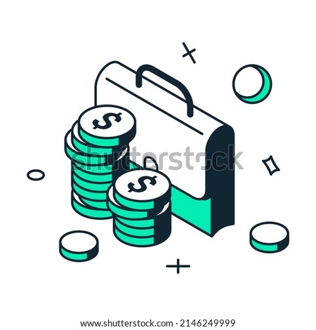 Make money investment briefcase coin stack financial banking income 3d icon isometric vector illustration. Effective finance currency invest rich success investor portfolio stock market trade