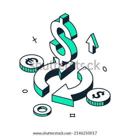 Money currency exchange financial business international investment with coins and circled arrows 3d icon isometric vector illustration. Commercial banking account cash transfer transaction payment