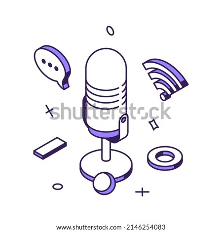 Audio entertainment content creation podcast recording online broadcasting with retro microphone 3d icon isometric vector illustration. Communication marketing media blog listening service